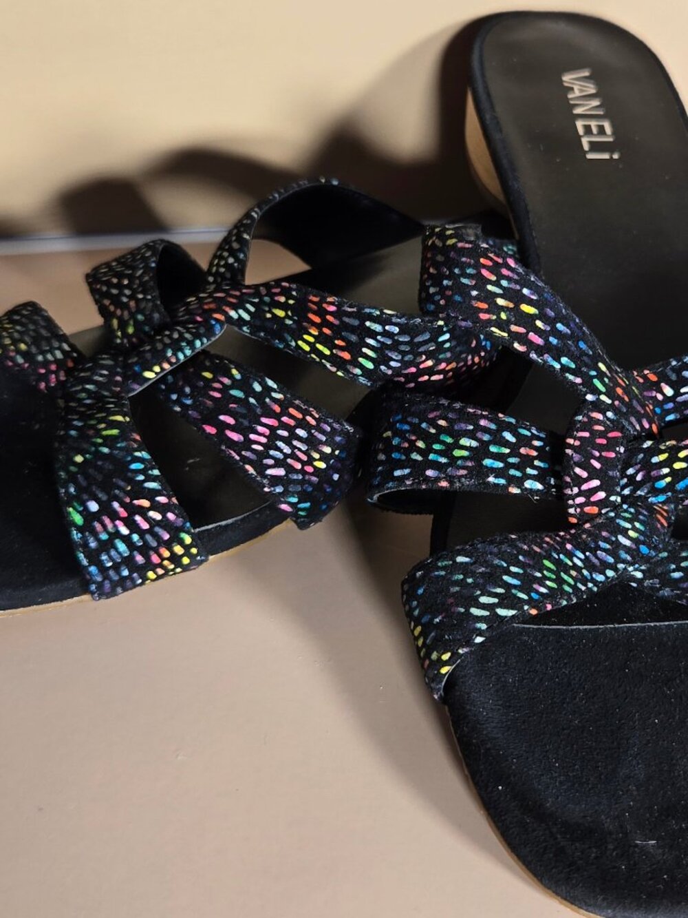 VAN ELi Black Multicolor Speckled Strappy Slide Sandals Heel Size 10 - Picture 2 of 5